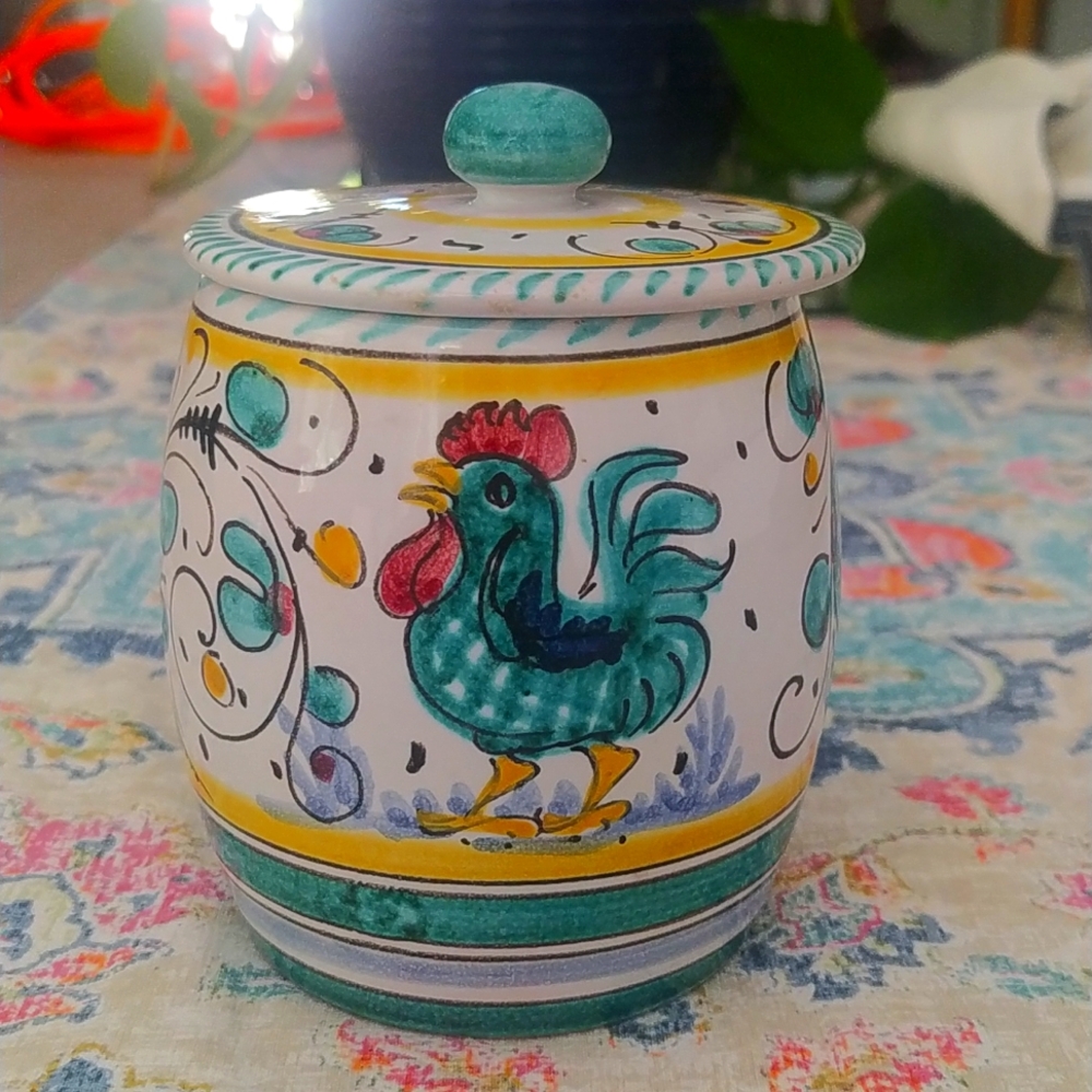 Deruta Galleto Green Rooster Canister 4 Inches Tall Vintage